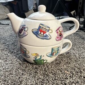 RARE Disney Alice Tea For One Tea Cup & Pot Set F/S Japan Import Thailand